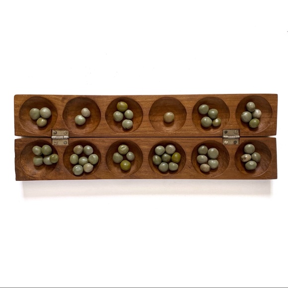 Vintage Mancala Game Handmade Wooden Board Games Strategy Game Carved Wood